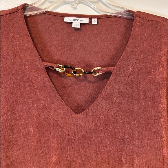 Chico’s Rust V-Neck Long Sleeve Tunic Top with Chain link Detail Women’s Large - Picture 4 of 8